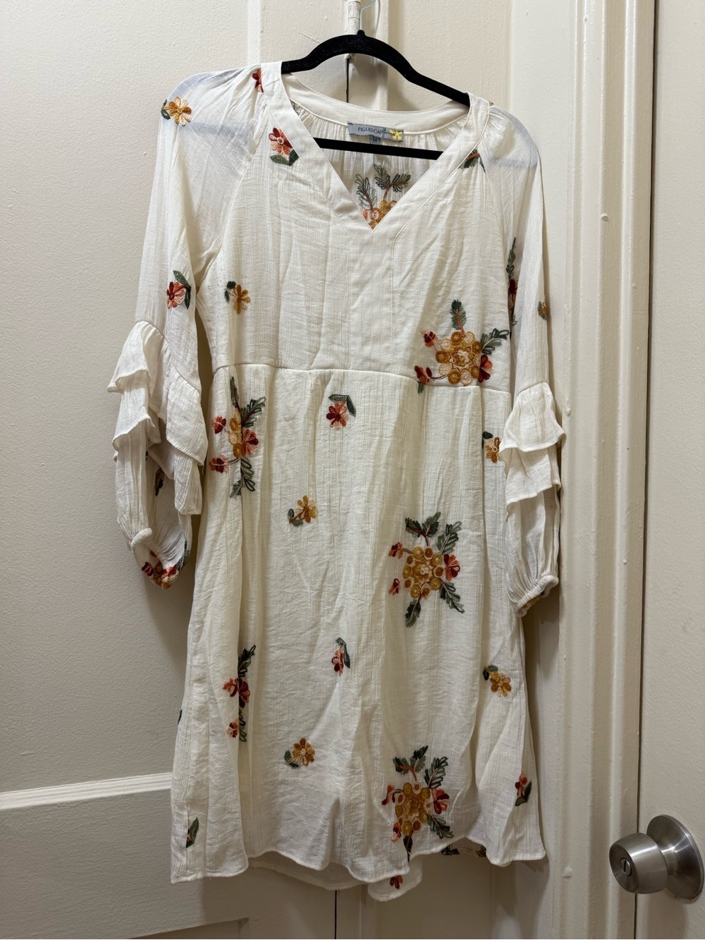 Meadow Rue Cream Tunic with Red, Yellow & Green Floral Embroidery